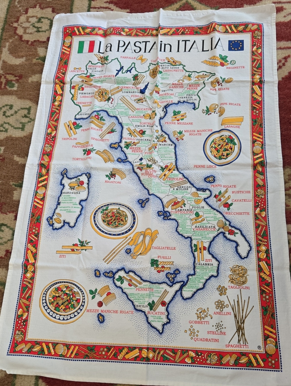 La Pasta in Italia Illustrated Kitchen Tea Towel - White with Red & Blue